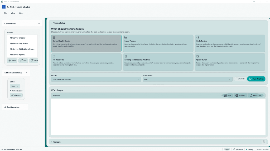 Introducing Ai Sql Tuner Studio: The Complete Desktop App For Sql Server Performance Tuning 1 Screenshot of ai sql tuner studio interface displaying tuning options including server health check, index tuning, code review, and query tuner.