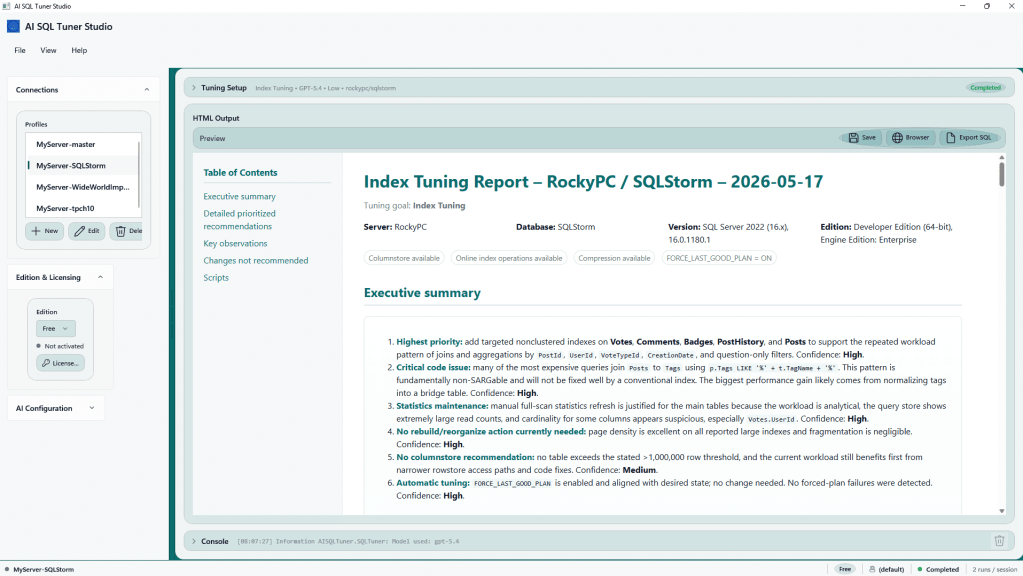 Introducing Ai Sql Tuner Studio: The Complete Desktop App For Sql Server Performance Tuning 4 Screenshot of an ai sql tuner studio interface displaying an index tuning report for rockypc / sqlstorm dated 2026-05-17. The report includes sections for executive summary, detailed prioritized recommendations, key observations, and changes not recommended.