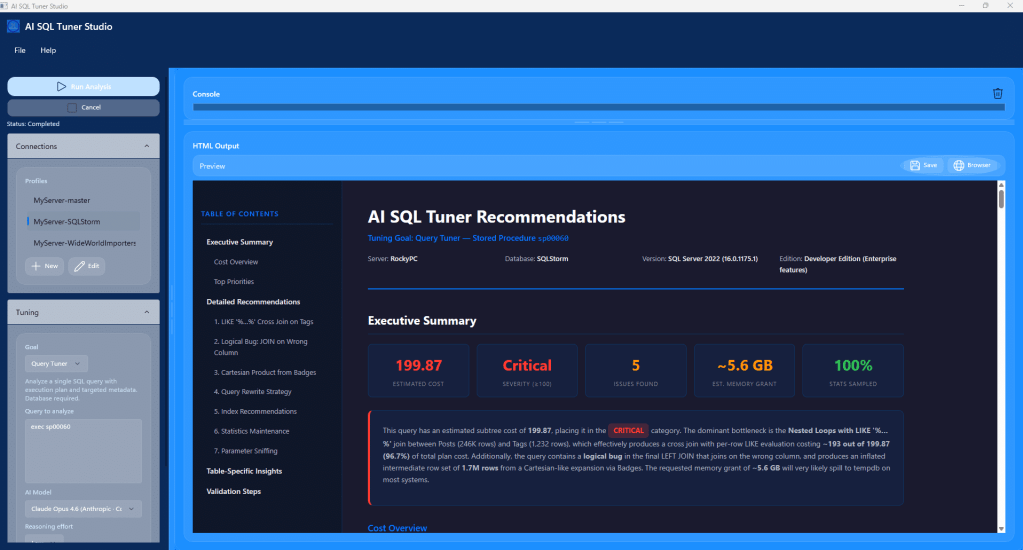 Ai Sql Tuner Studio Corporate 3 Screenshot of ai sql tuner studio showing analysis results for sql query performance. The interface displays an executive summary, estimated cost, issues found, and memory grant details. Key highlights include critical issues flagged and specific recommendations for optimization.
