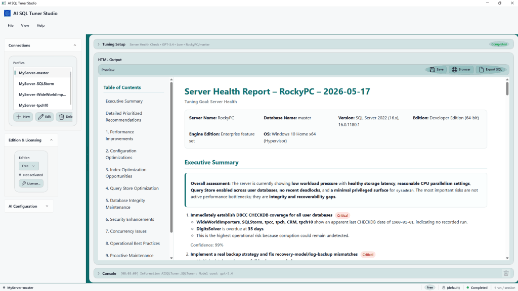 Introducing Ai Sql Tuner Studio: The Complete Desktop App For Sql Server Performance Tuning 3 A screenshot of the ai sql tuner studio displaying a server health report for a system named rockypc. The report includes an executive summary and detailed recommendations on performance improvements, configuration optimizations, and database health analysis.
