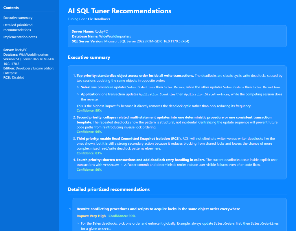 Fix Sql Server Deadlocks Fast: 5 Root Cause Analysis Steps 1 Screenshot of ai sql tuner recommendations for resolving deadlocks in sql server 2022, featuring an executive summary and detailed prioritized recommendations.