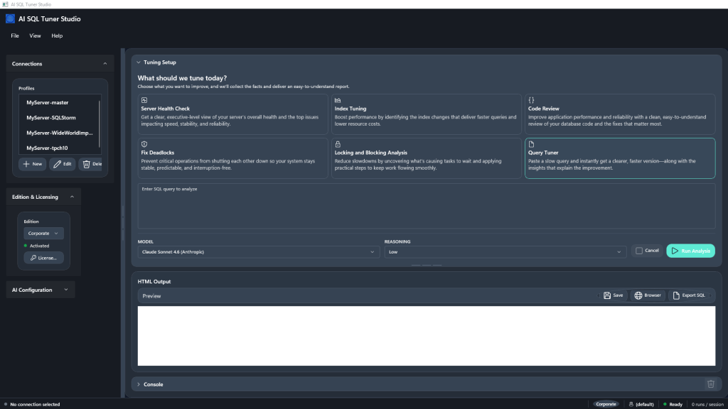 Ai Sql Tuner Studio 1.0.40: Dark Mode, New Ui &Amp; Export Sql 4 User interface of ai sql tuner studio displaying tuning setup options for database performance improvement, including server health check, fix deadlocks, and query tuning features.