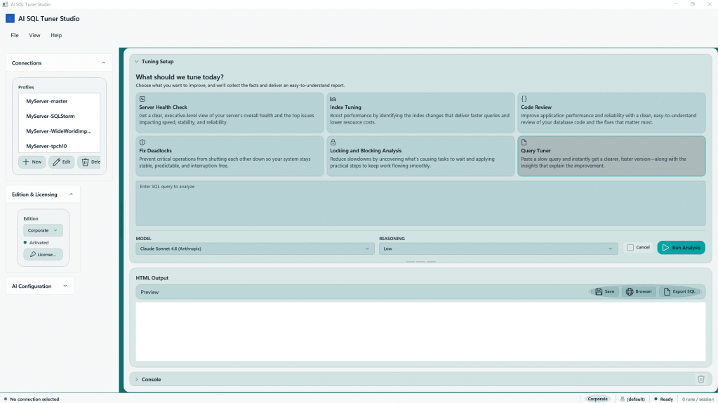 Ai Sql Tuner Studio 1.0.40: Dark Mode, New Ui &Amp; Export Sql 2 Screenshot of ai sql tuner studio interface displaying tuning setup options including server health check, fix deadlocks, index tuning, locking and blocking analysis, code review, and query tuner.