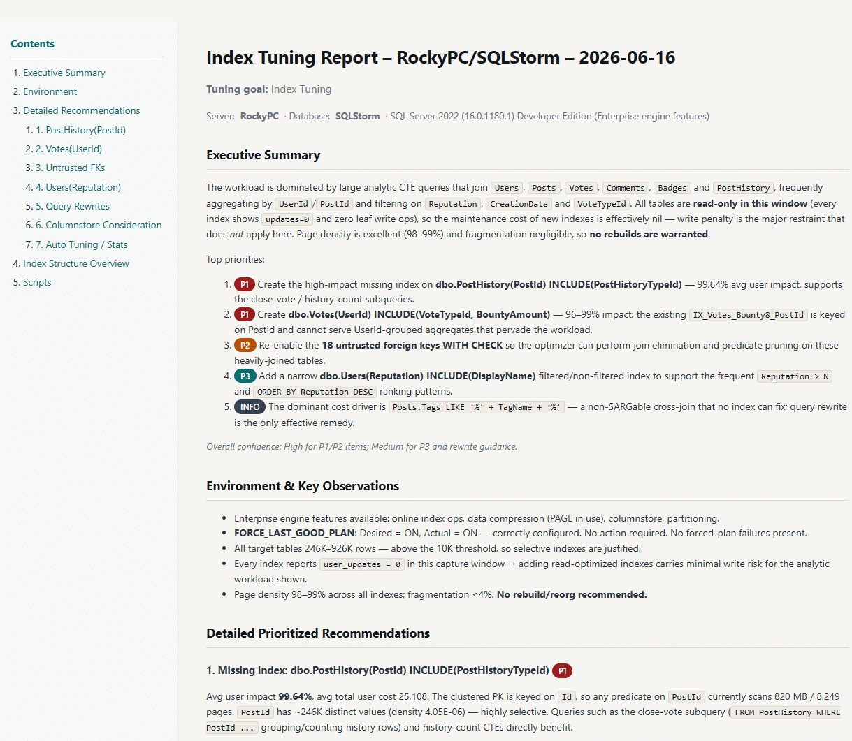 Index tuning sample report screenshot showing executive summary, environment & key observations, and detailed prioritized recommendations sections